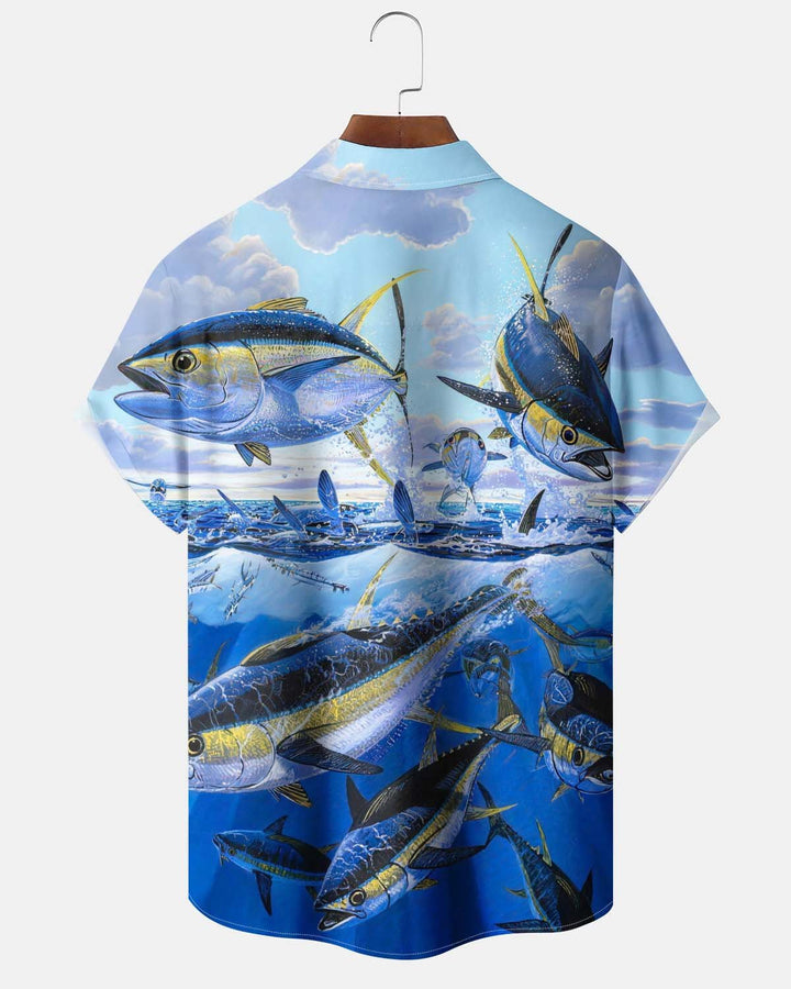 Alohadaddy® Hawaiian Tuna Print Button-Down Short-Sleeve Shirt for Men with Pocket