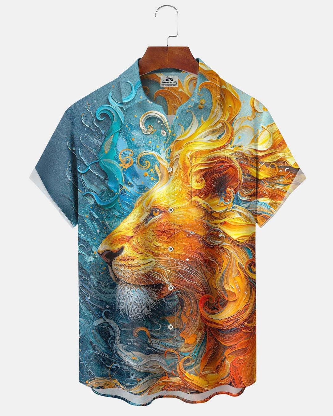 Alohadaddy® Men’s Short-Sleeve Button-Down Cardigan Shirt Vintage Oil-Painting-Style Lion Print with Pocket