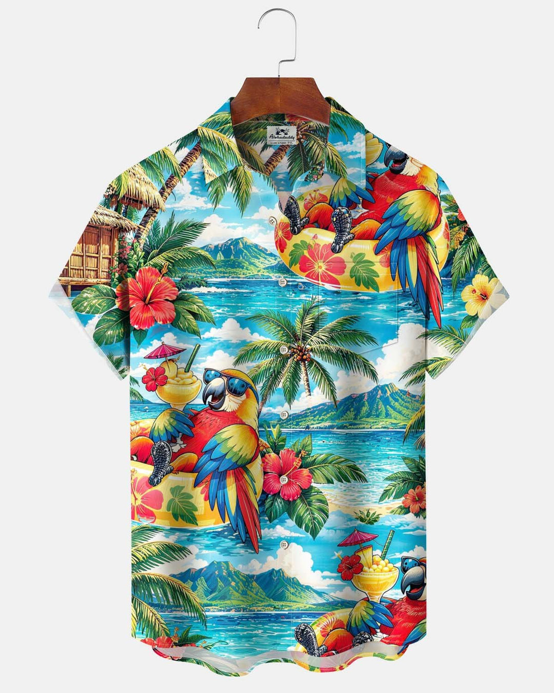 Alohadaddy® Men’s Short-Sleeve Button-Down Shirt with Parrot Print Pocket and Cardigan-Style Opening