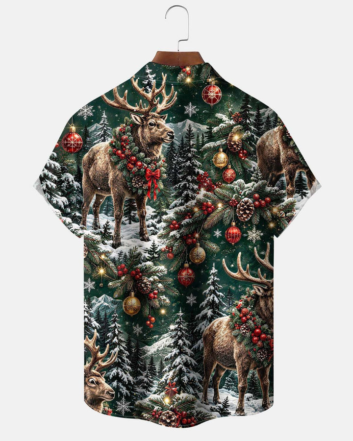 Alohadaddy® Holiday Christmas Reindeer Print Button-Down Cardigan-Style Men’s Short-Sleeve Shirt with Pocket