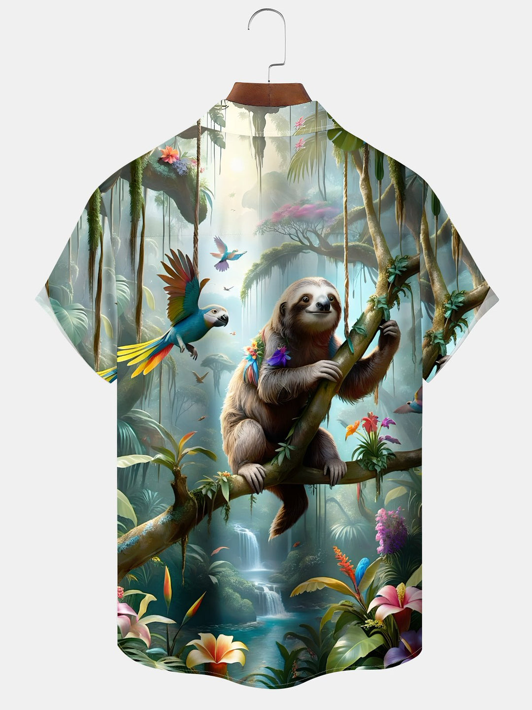 Alohadaddy Hawaiian Sloth Art Print Button Cardigan Pocket Stretch Large Size Long Short Sleeve Shirt