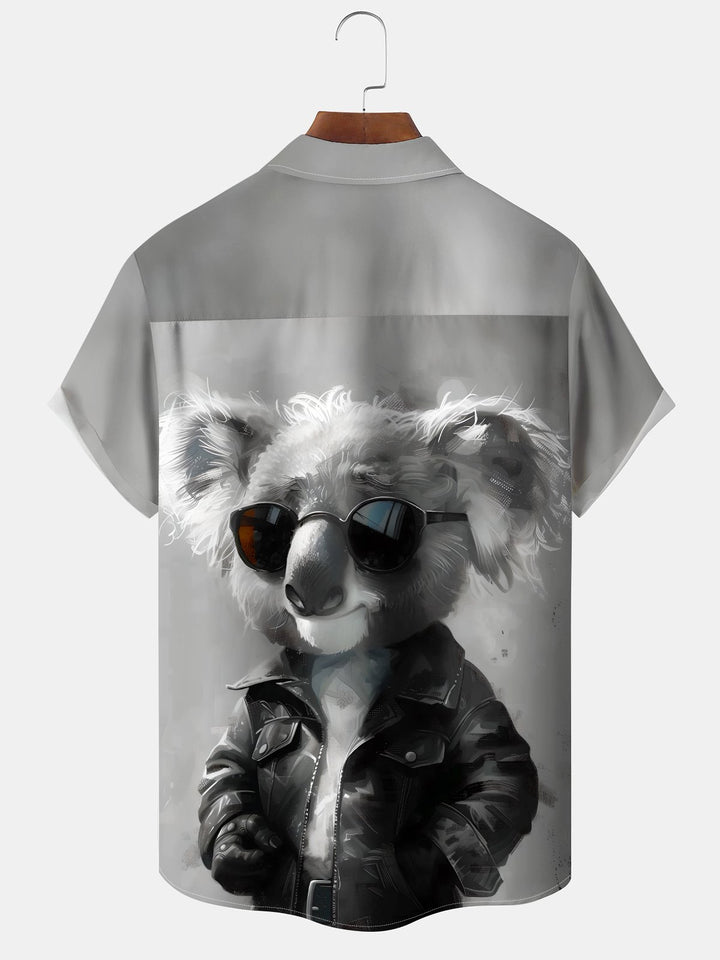 Alohadaddy Casual Koala Oil Painting Print Art Button Cardigan Pocket Stretch Large Size Polyester Short Sleeve Shirt