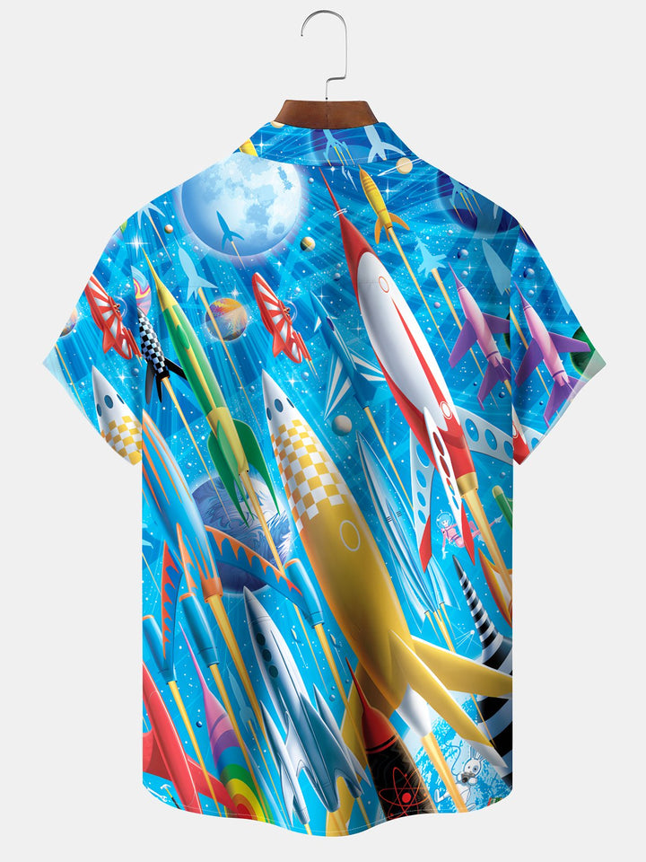 Alohadaddy Hawaiian Casual Rocket Art Button Cardigan Pocket Stretch Large Size Long Short Sleeve Shirt