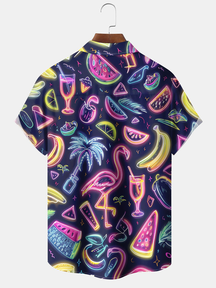 Alohadaddy Hawaiian Vacation Flamingo Wine Glass Palm Tree Print Art Loose Cardigan Button Pocket Stretch Long Large Size Short Sleeve Shirt