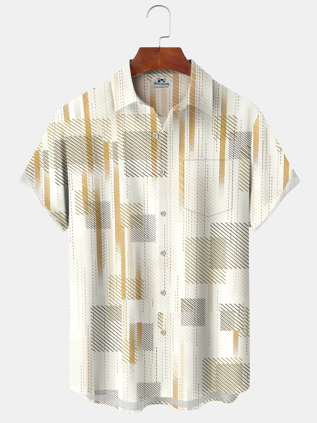 Alohadaddy Casual Collection Everyday Hawaiian Geometric Art Print Button Cardigan Pocket Polyester Stretch Short Sleeve Shirt