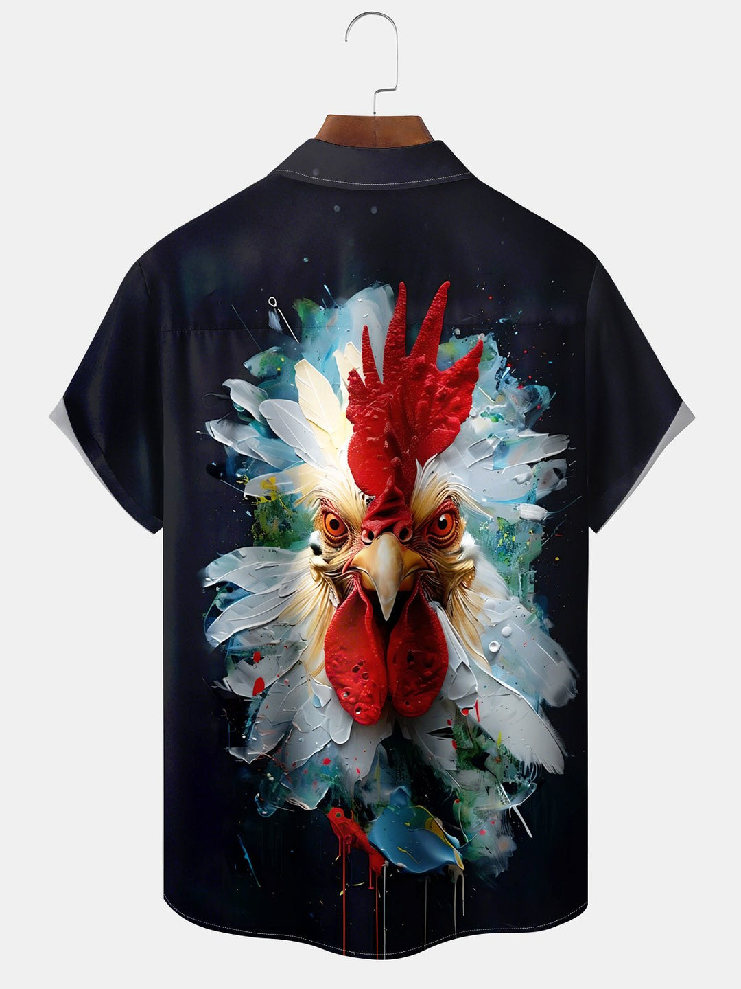 Alohadaddy Casual Collection Moisture-wicking Rooster Painting Print Chest Pocket Stretch Oversized Hawaiian Short Sleeve Shirt