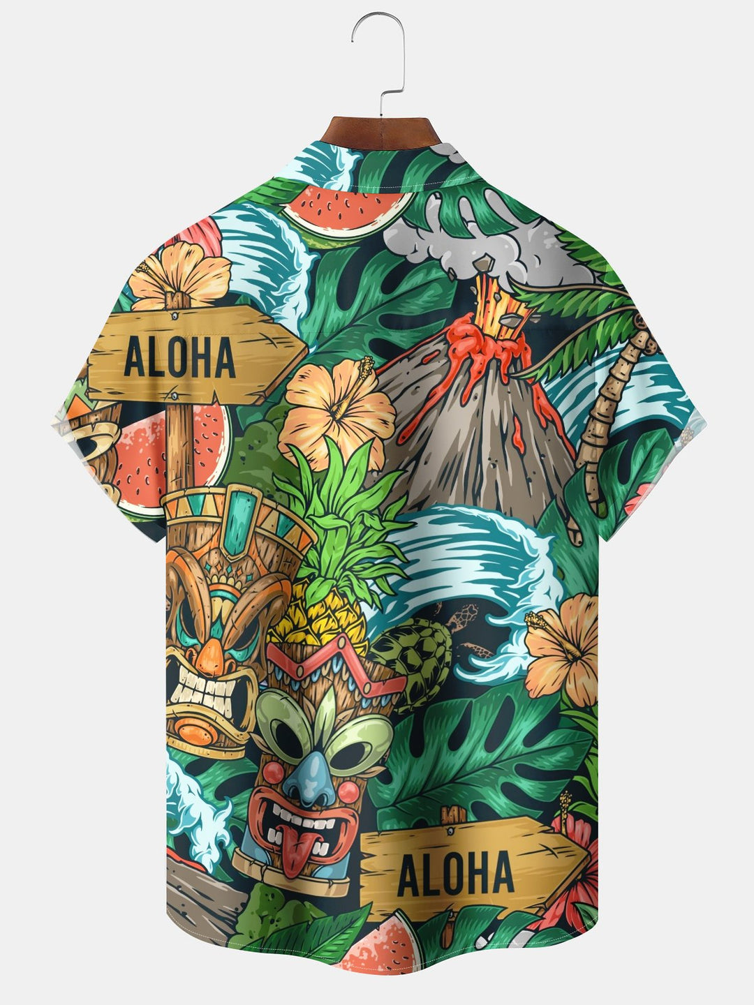 Alohadaddy® Casual Mask Art Print Chest Pocket Large Size Long Hawaiian Men&