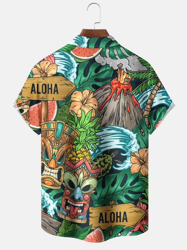 Alohadaddy® Casual Mask Art Print Chest Pocket Large Size Long Hawaiian Men&