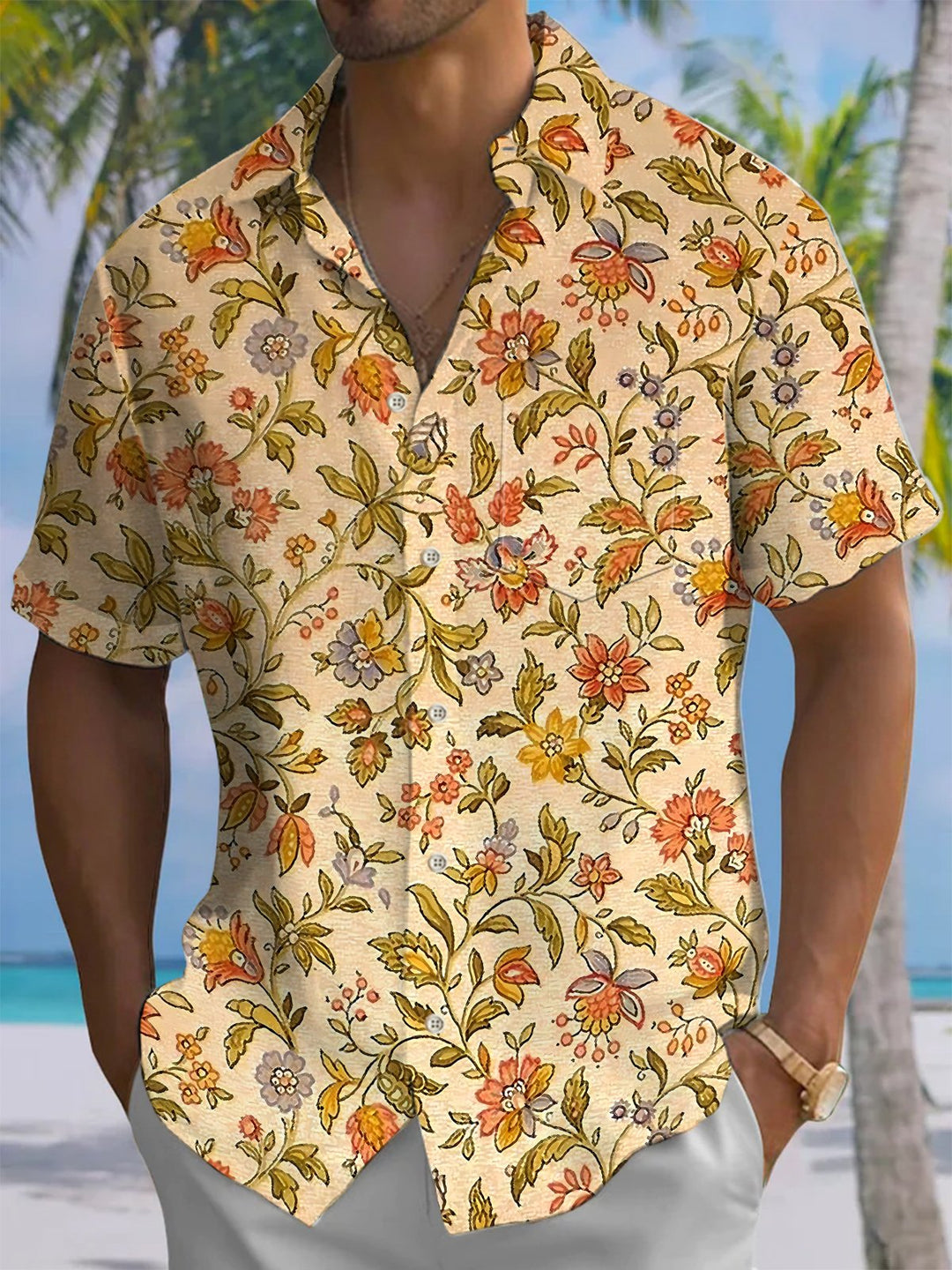 Alohadaddy® Vintage Floral Print Chest Pocket Men&