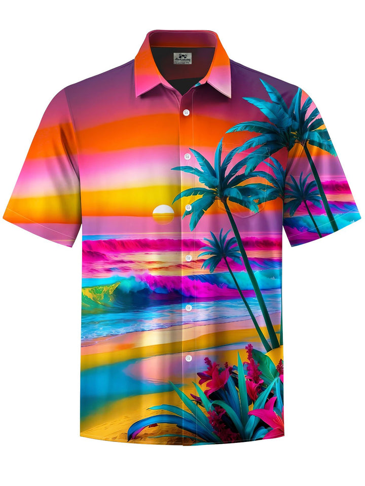Alohadaddy® Hawaii Coconut Tree Beach Print Chest Pocket Men&