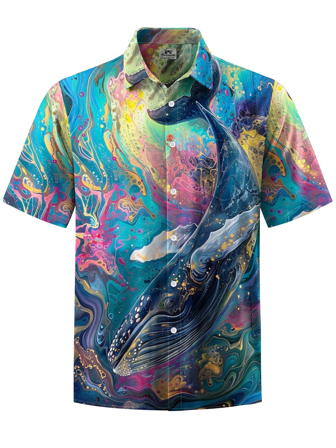 Alohadaddy® Hawaii Whale Flowers Art Print Chest Pocket Mens Short Sleeve Shirt Big &amp; Tall