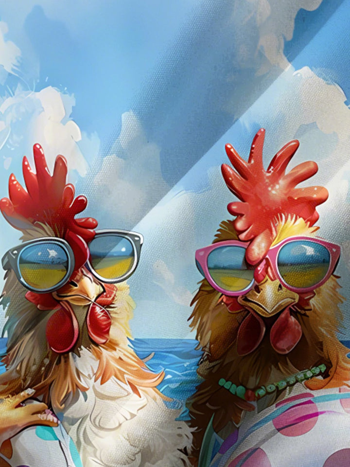 Alohadaddy® Hawaii Rooster Vacation Art Print Chest Pocket Mens Short Sleeve Shirt Big &amp; Tall