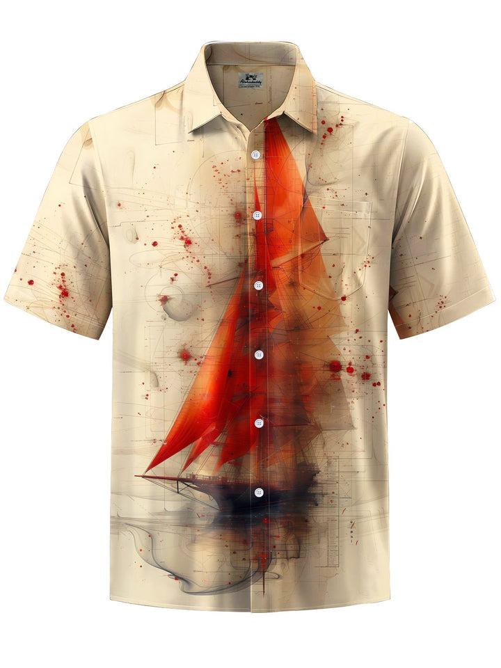 Alohadaddy® Casual Sailboat Printed Chest Pocket Stretch Men&