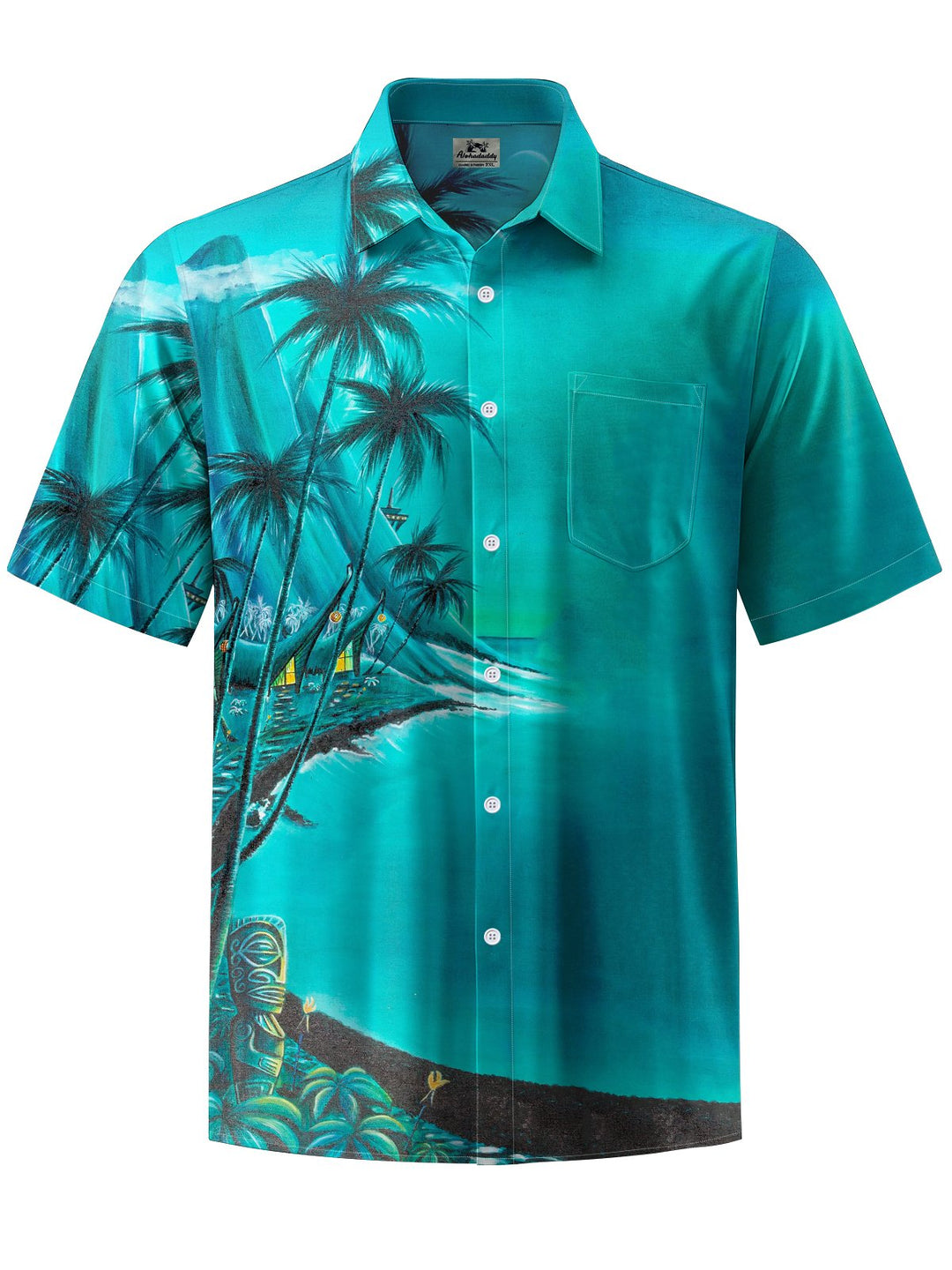 Alohadaddy® Retro Tiki Beach Holiday Art Print Chest Pocket Stretch Men&