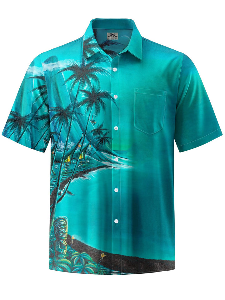 Alohadaddy® Retro Tiki Beach Holiday Art Print Chest Pocket Stretch Men&
