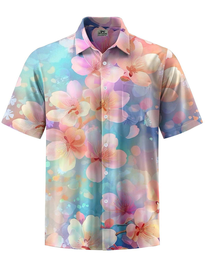 Alohadaddy® Hawaiian Flower Art Print Chest Pocket Stretch Men&