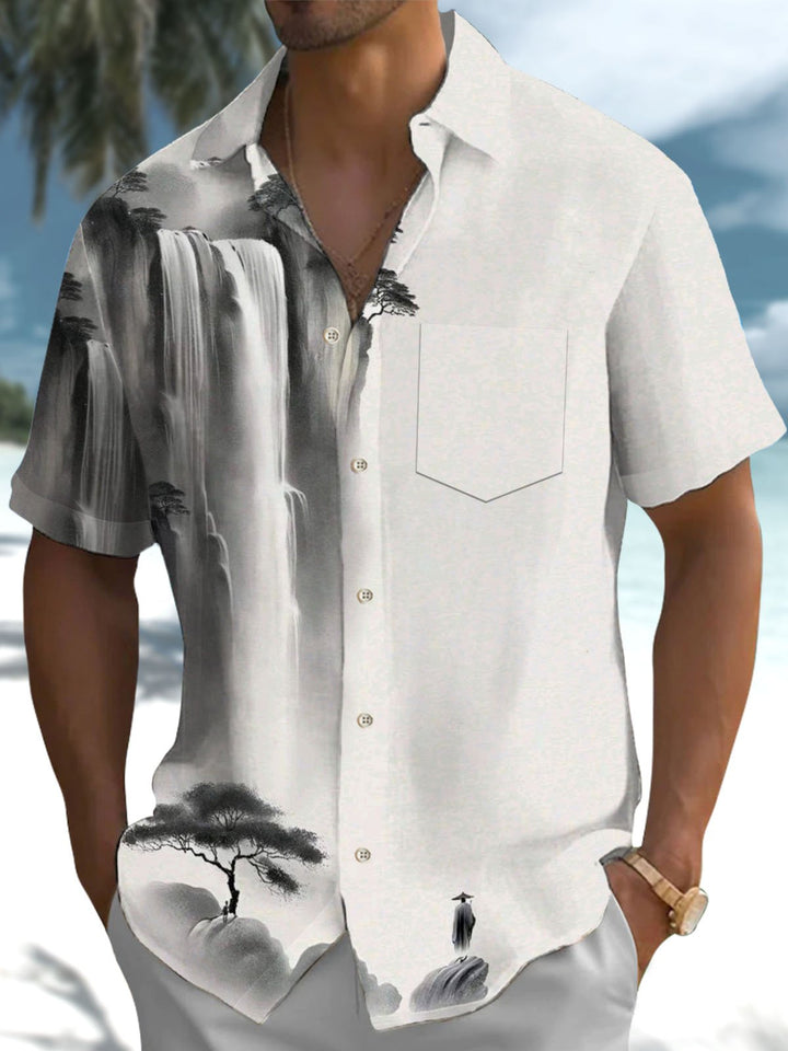 Alohadaddy® Casual Watercolor Landscape Painting Print Art Pocket Stretch Men&