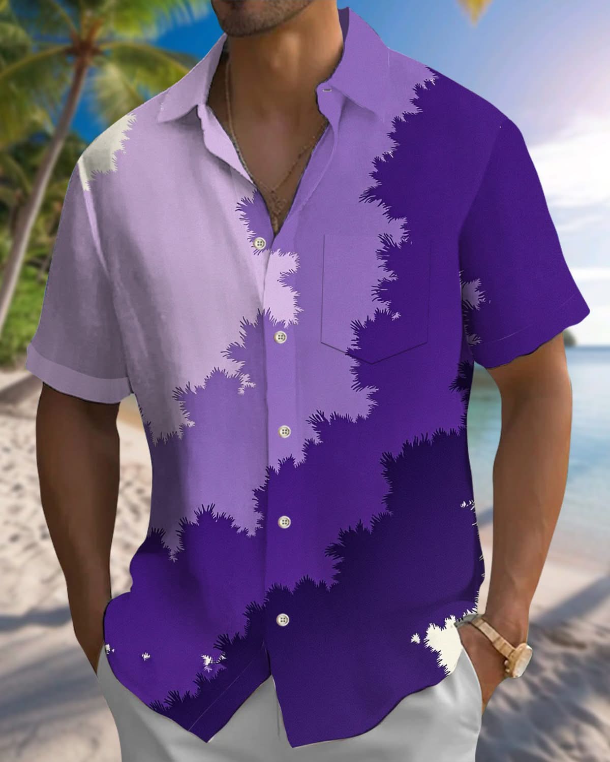 Alohadaddy® Men's Casual Gradient Pocket Elastic Button Short Sleeve Shirt Big & Tall