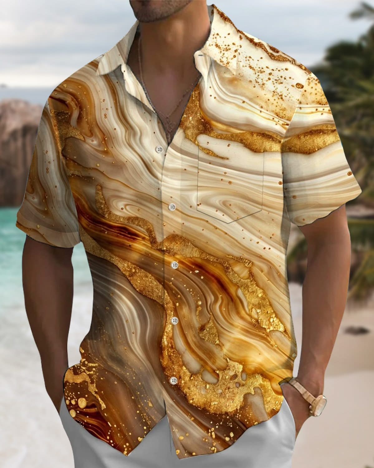 Alohadaddy® Casual Marble Print Pocket Stretch Men's Short Sleeve Shirt Big & Tall