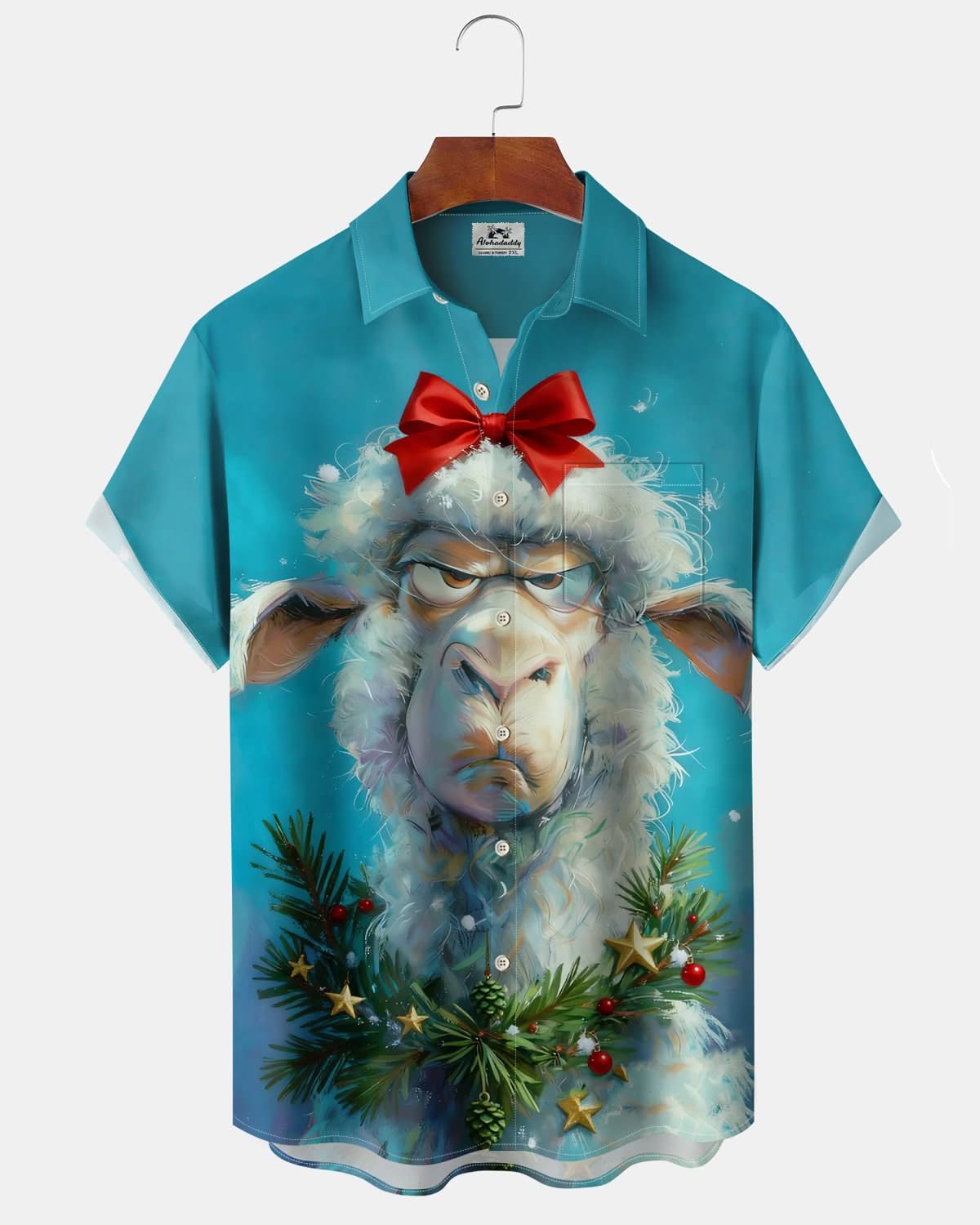 Alohadaddy® Christmas Fun Sheep Painting Printed Pocket Button Men's Short Sleeve Shirt Big & Tall