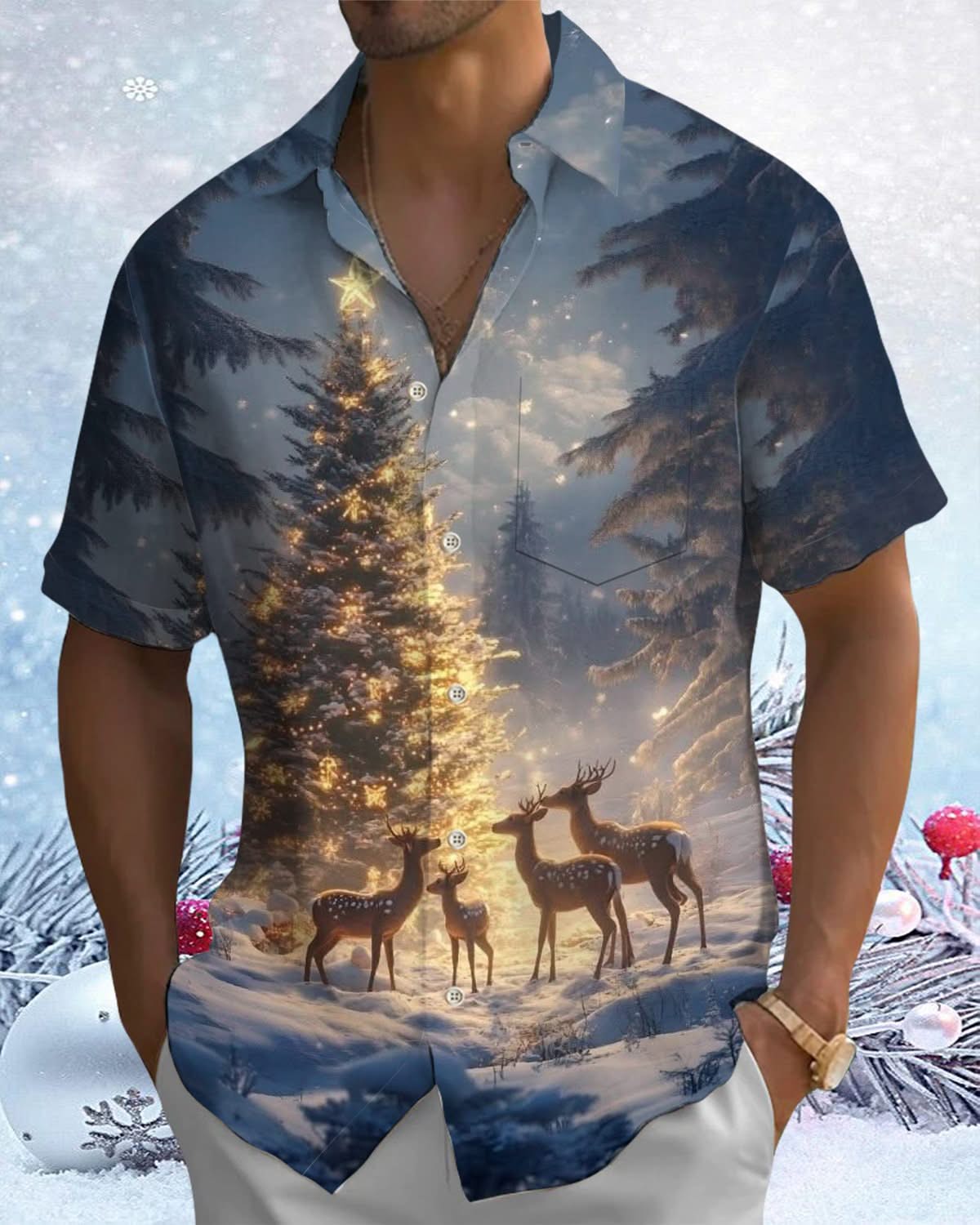 Alohadaddy® Christmas Tree  Elk Print Men's Short Sleeve Shirt with Elk Pockets and Elastic Buttons Big & Tall