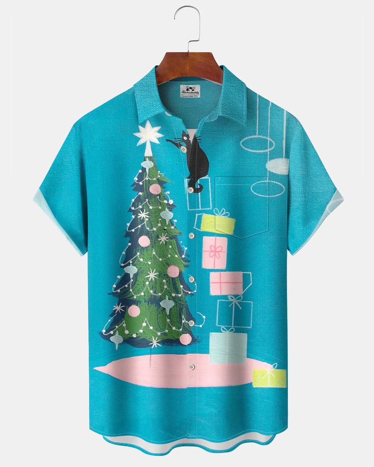 Alohadaddy® Christmas Tree Atomic Print Art Pocket Button Elastic Men's Short Sleeve Shirt Big & Tall