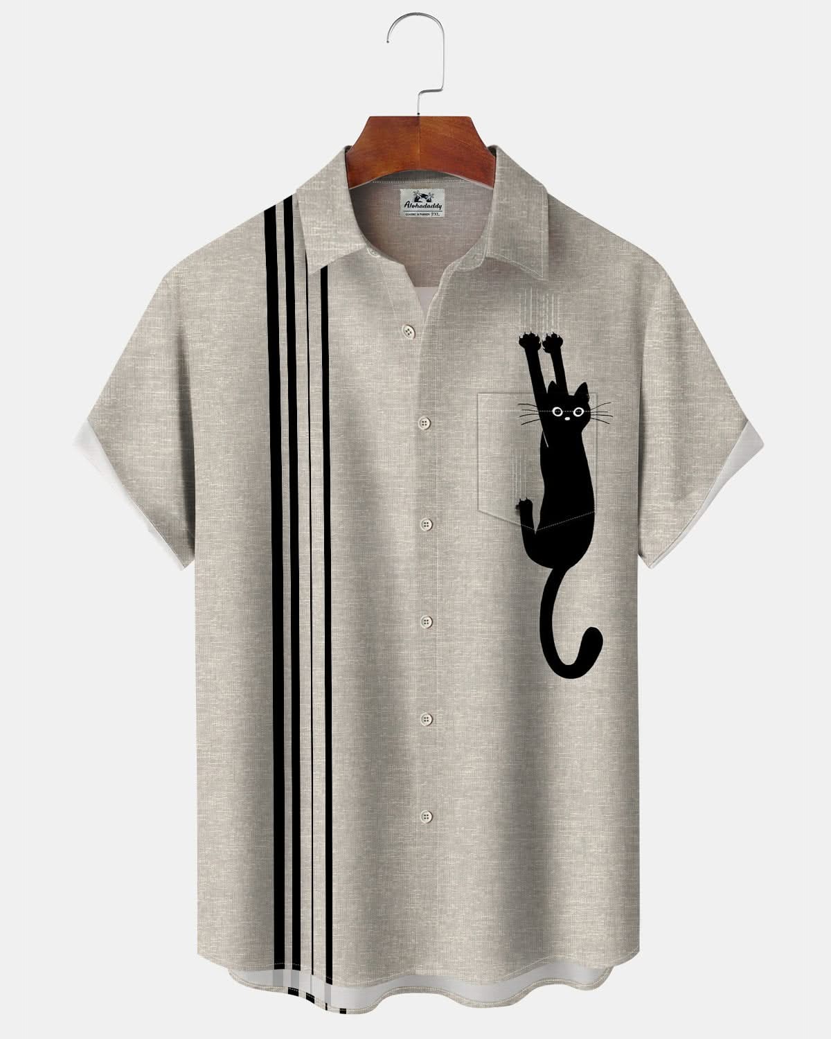 Alohadaddy® Retro Striped Cat Art Print Men's Short-Sleeve Shirt with Pocket Buttons and Elasticity - Big & Tall