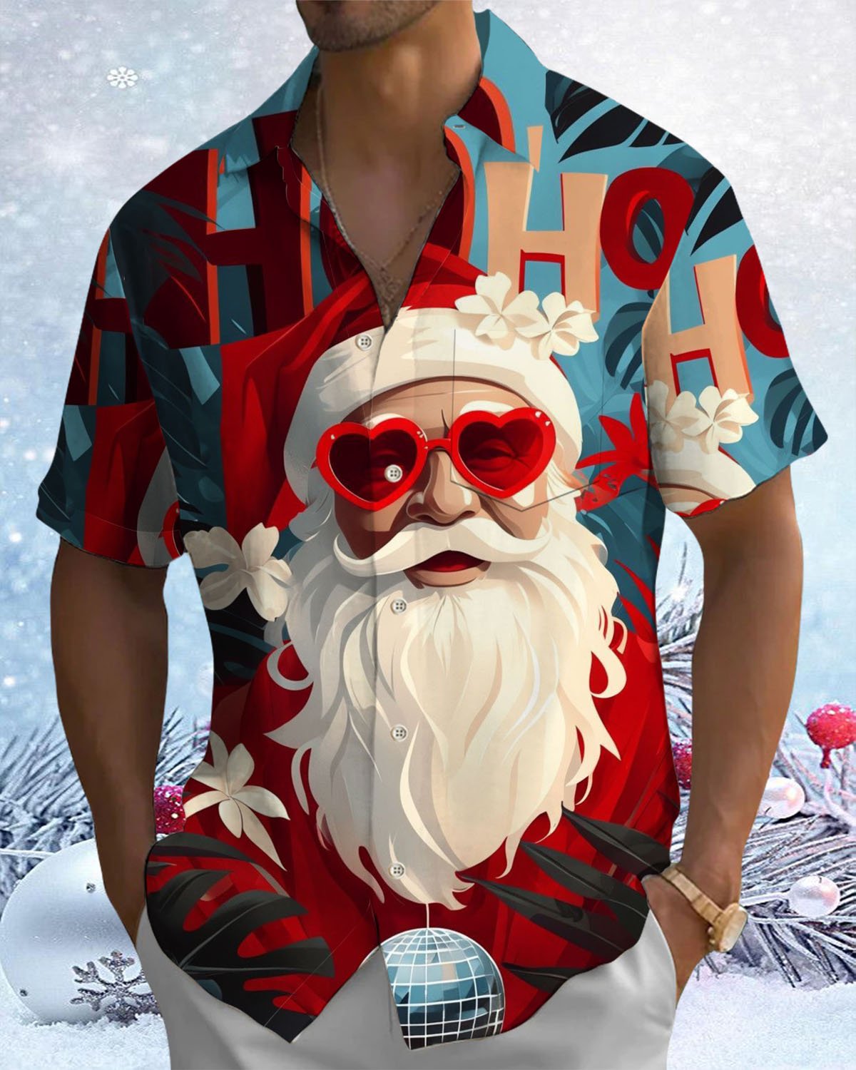 Alohadaddy® Christmas Santa Claus Hollywood Art Print Stretch Button Pocket Men's Short Sleeve Shirt Big & Tall