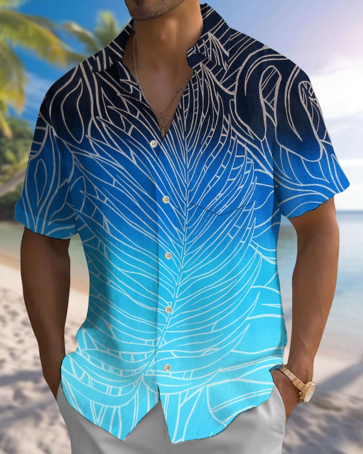 Alohadaddy® Hawaiian Gradient Leaf Print Art Pocket Button Stretch Men's Short-Sleeve Shirt Big & Tall