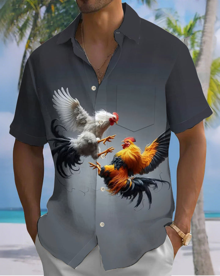 Alohadaddy® Casual Retro Rooster Print Art Pocket Stretch Men&