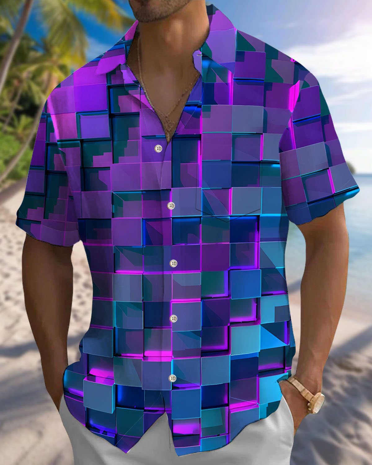 Alohadaddy® Casual Geometric Square Print Art Button Pocket Cardigan Men's Short Sleeve Shirt Big & Tall