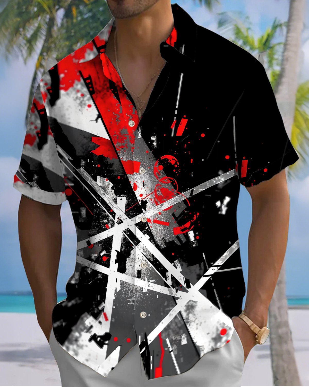 Alohadaddy® Casual Geometric Print Art Button Pocket Cardigan Men's Short Sleeve Shirt Big & Tall