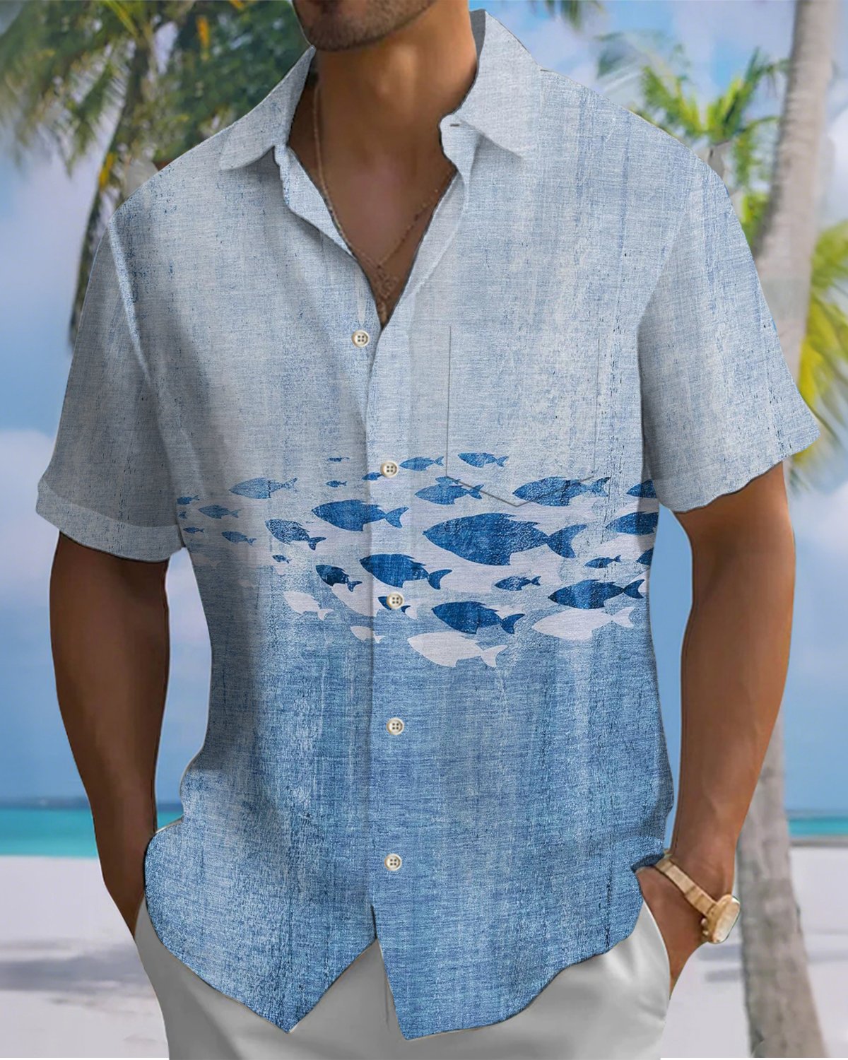 Alohadaddy® Hawaiian Fish Print Art Button Pocket Cardigan Men's Short Sleeve Shirt Big & Tall