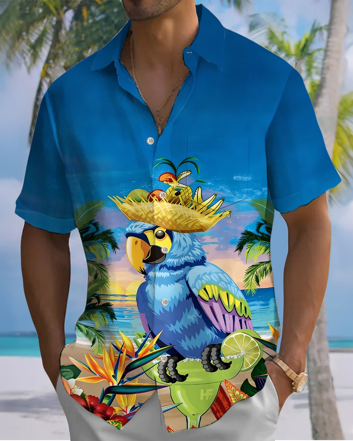 Alohadaddy® Hawaiian Parrot Print Art Button Pocket Cardigan Men's Short Sleeve Shirt Big & Tall