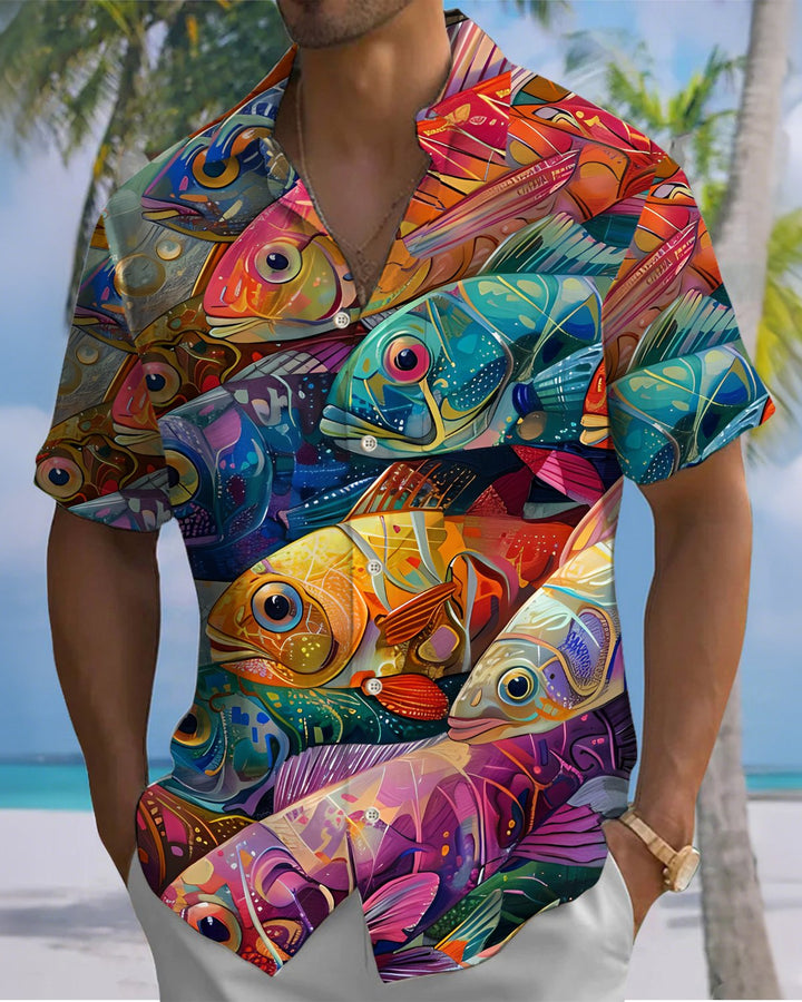 Alohadaddy® Hawaiian Fish Print Art Button Pocket Cardigan Men&
