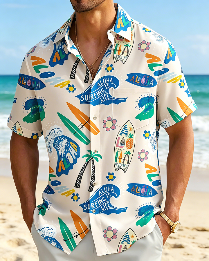 Alohadaddy® Hawaiian Beach Resort Print Art Button Pocket Cardigan Men&