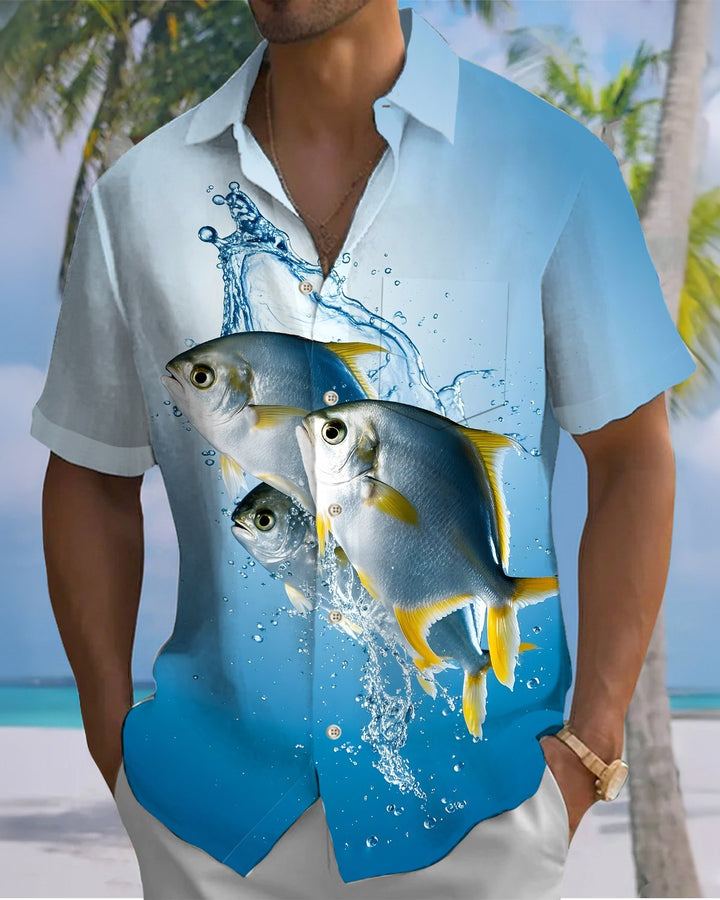 Alohadaddy® Hawaiian Fish Print Art Button Pocket Cardigan Men&