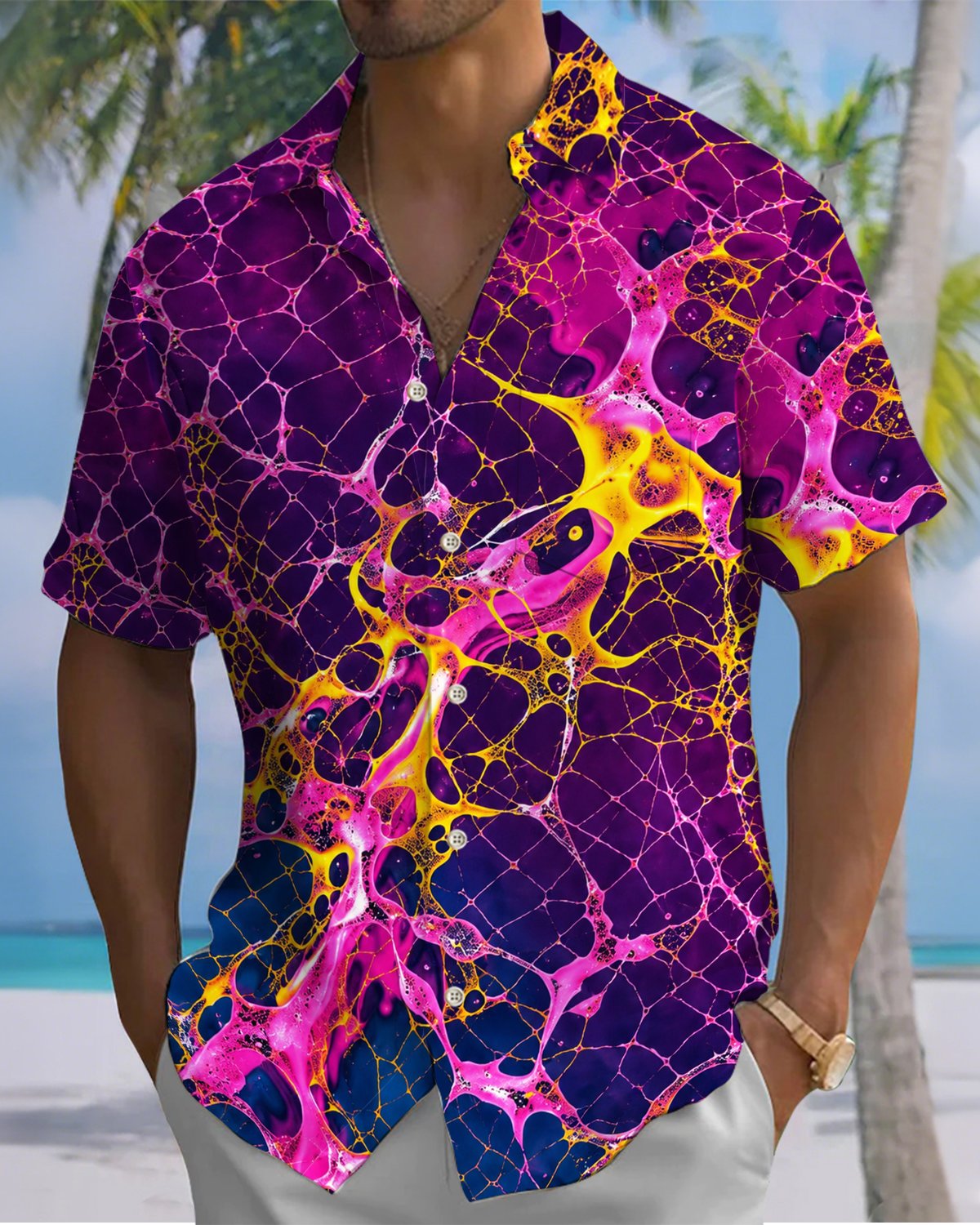 Alohadaddy® Vintage Abstract Art Print Art Button Pocket Cardigan Men's Short Sleeve Shirt
