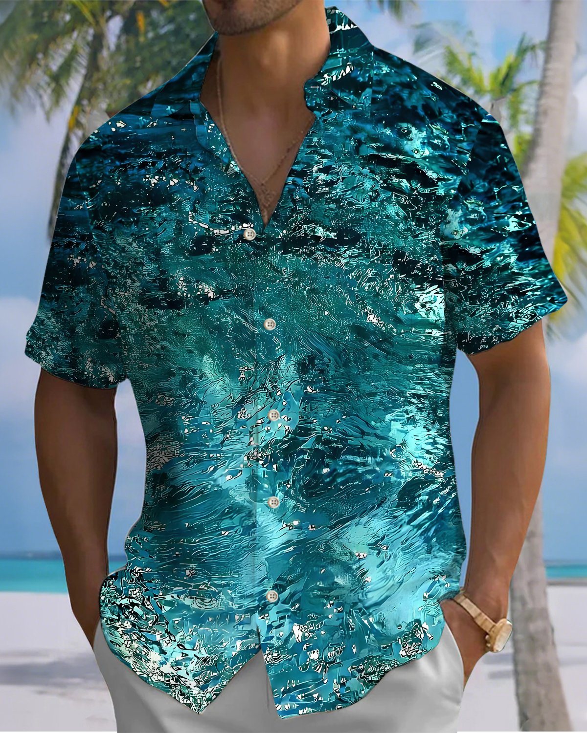 Alohadaddy® Hawaiian Ocean Print Art Button Pocket Cardigan Men's Short Sleeve Shirt