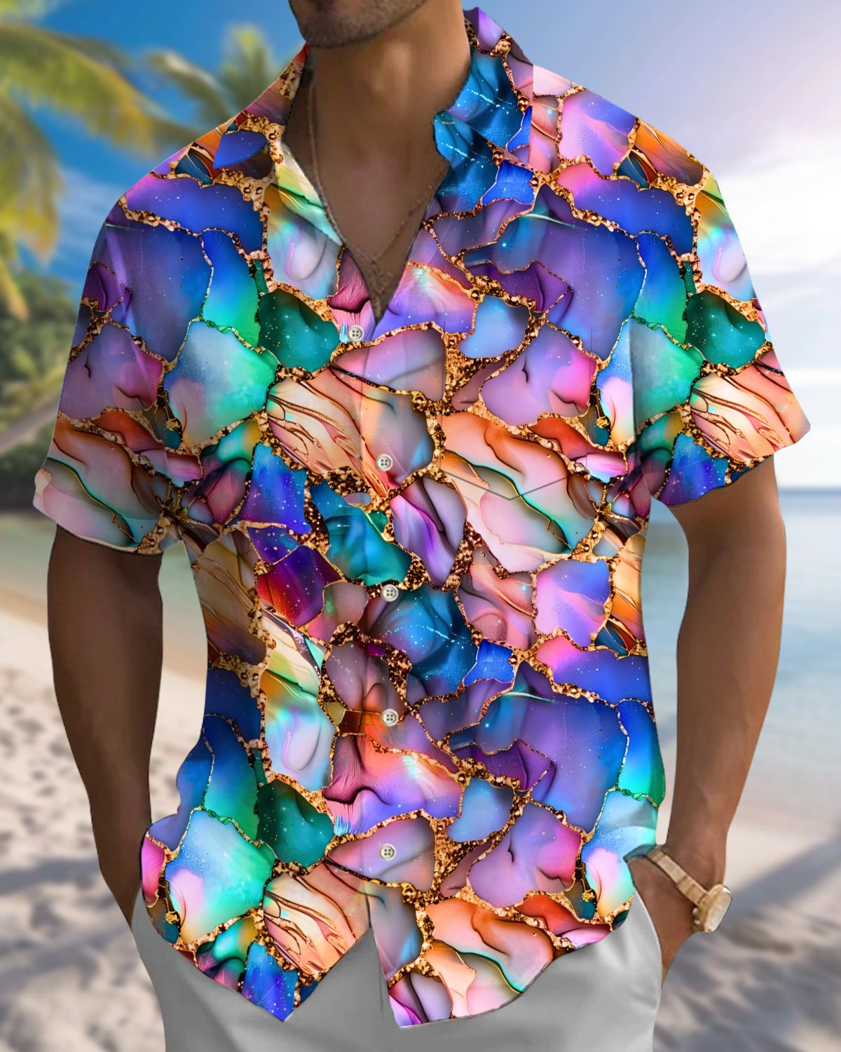 Alohadaddy® Men's Short-Sleeve Button-Down Shirt  Vintage Abstract Art Print with Pocket