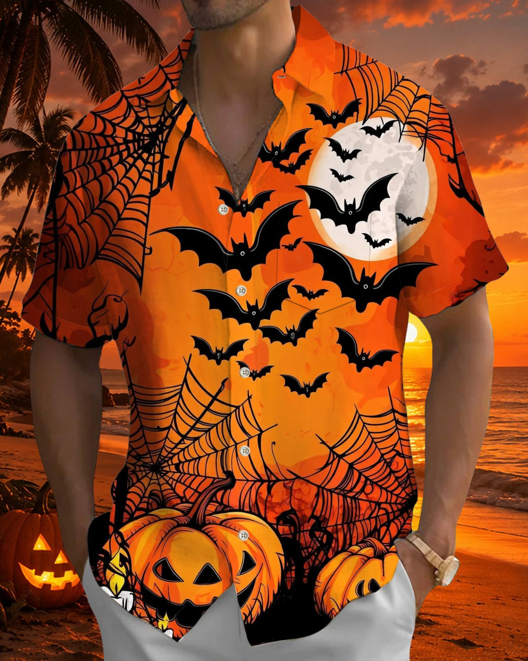 Alohadaddy® Holiday/Halloween Print Button-Down Short-Sleeve Shirt with Pocket