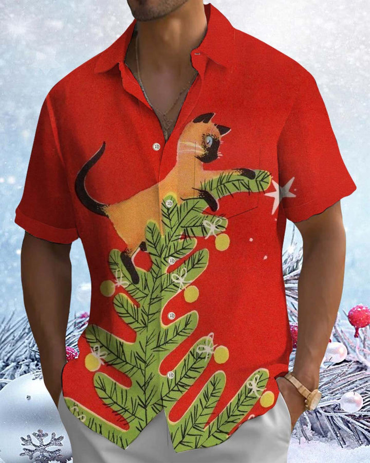 Alohadaddy® Holiday Christmas Print Button-Down Pocket Short-Sleeve Shirt