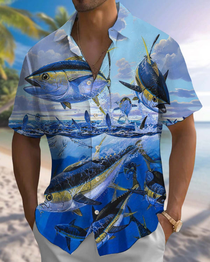 Alohadaddy® Hawaiian Tuna Print Button-Down Short-Sleeve Shirt for Men with Pocket