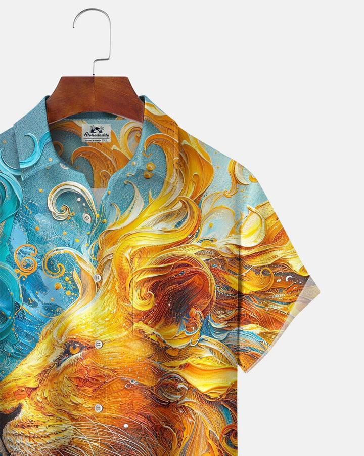 Alohadaddy® Men’s Short-Sleeve Button-Down Cardigan Shirt Vintage Oil-Painting-Style Lion Print with Pocket