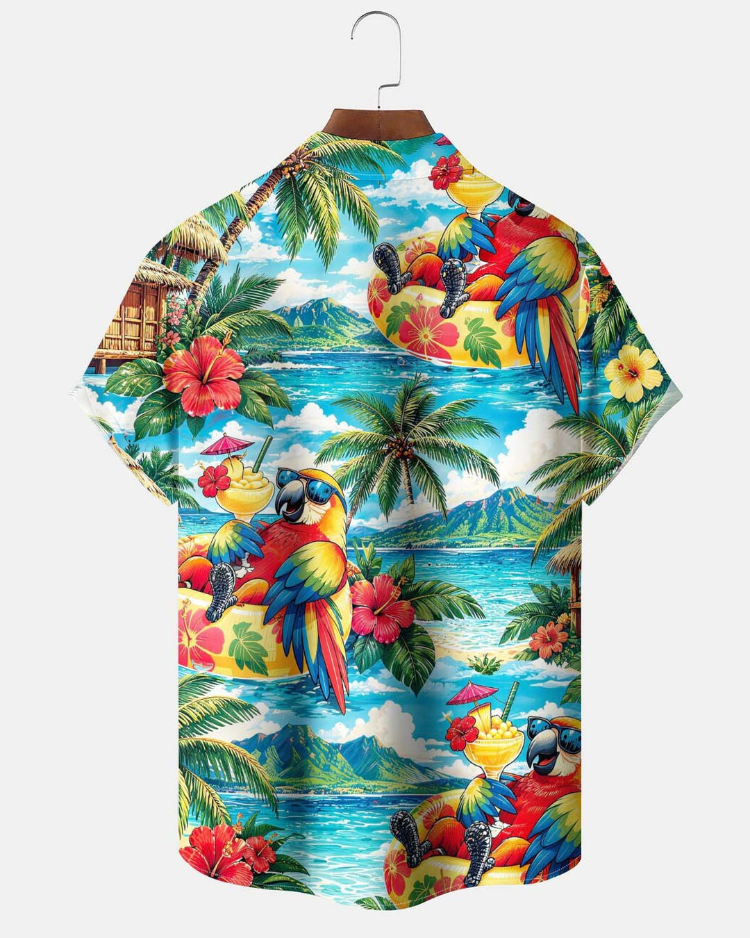 Alohadaddy® Men’s Short-Sleeve Button-Down Shirt with Parrot Print Pocket and Cardigan-Style Opening