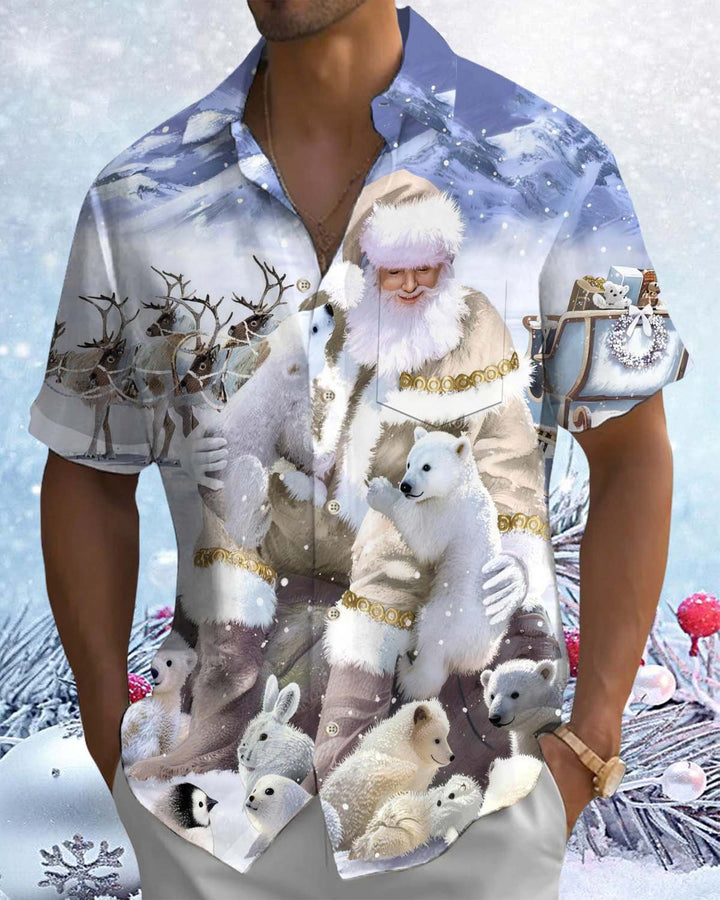 Alohadaddy® Holiday Collection – Snowy Christmas Graphic Print Button-Down Pocketed Short-Sleeve Men’s Shirt