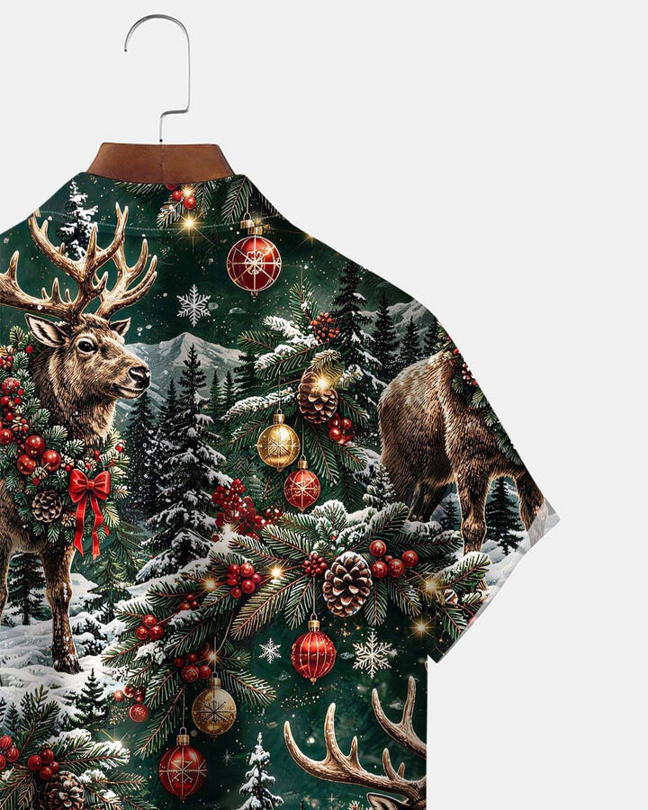 Alohadaddy® Holiday Christmas Reindeer Print Button-Down Cardigan-Style Men’s Short-Sleeve Shirt with Pocket
