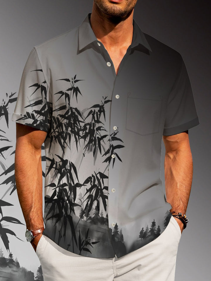 Alohadaddy Hawaii Vacation Gradient Bamboo Print Art Pocket Button Short Sleeve Stretch Large Size Men&
