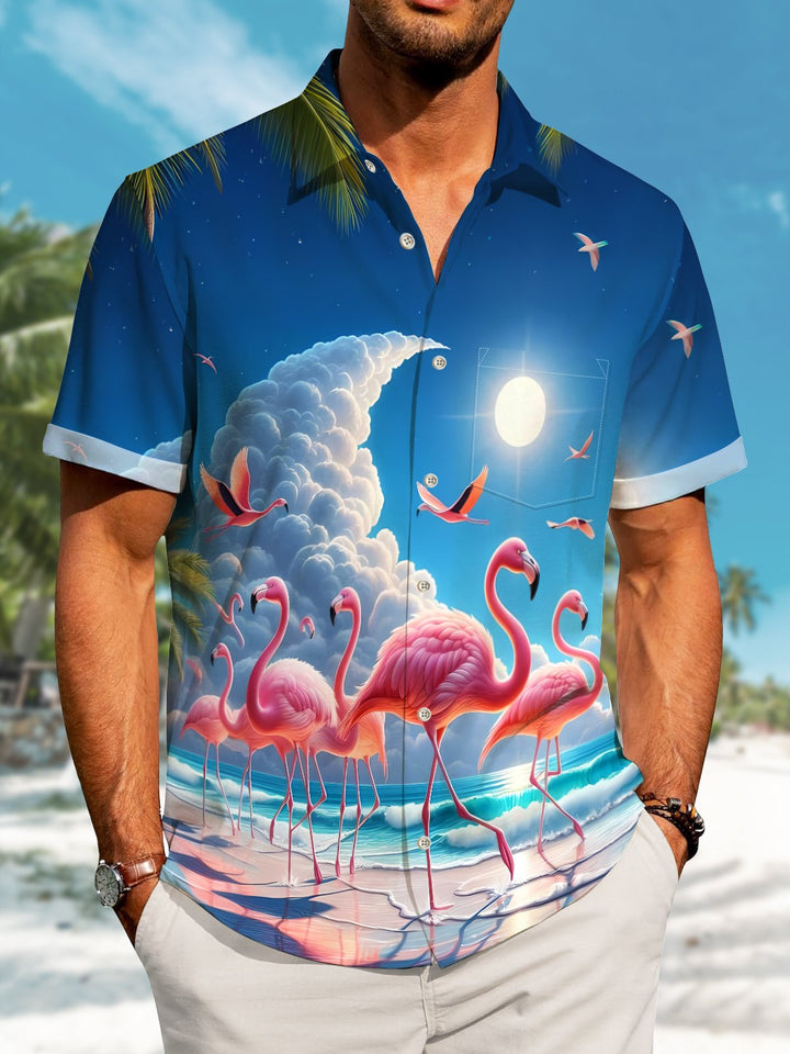 Alohadaddy Hawaii Resort Style Flamingo Clouds Print Art Buttons Stretch Large Size Men&