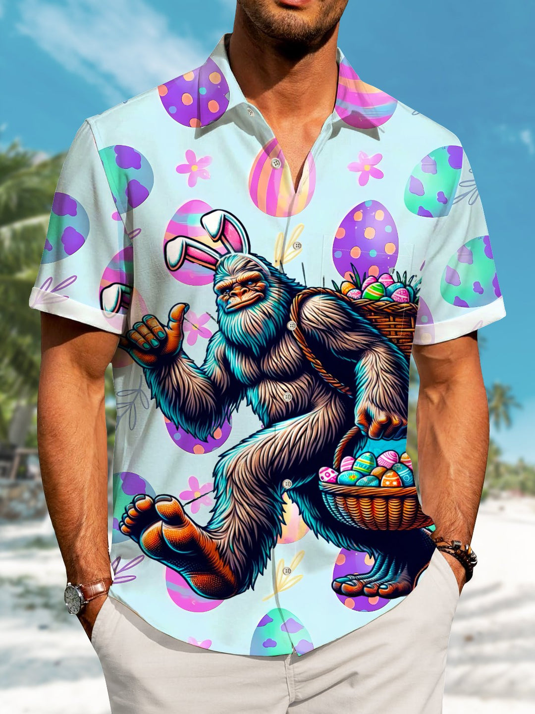Alohadaddy Hawaii Easter Bigfoot Fun Print Art Buttons Stretch Large Size Men&